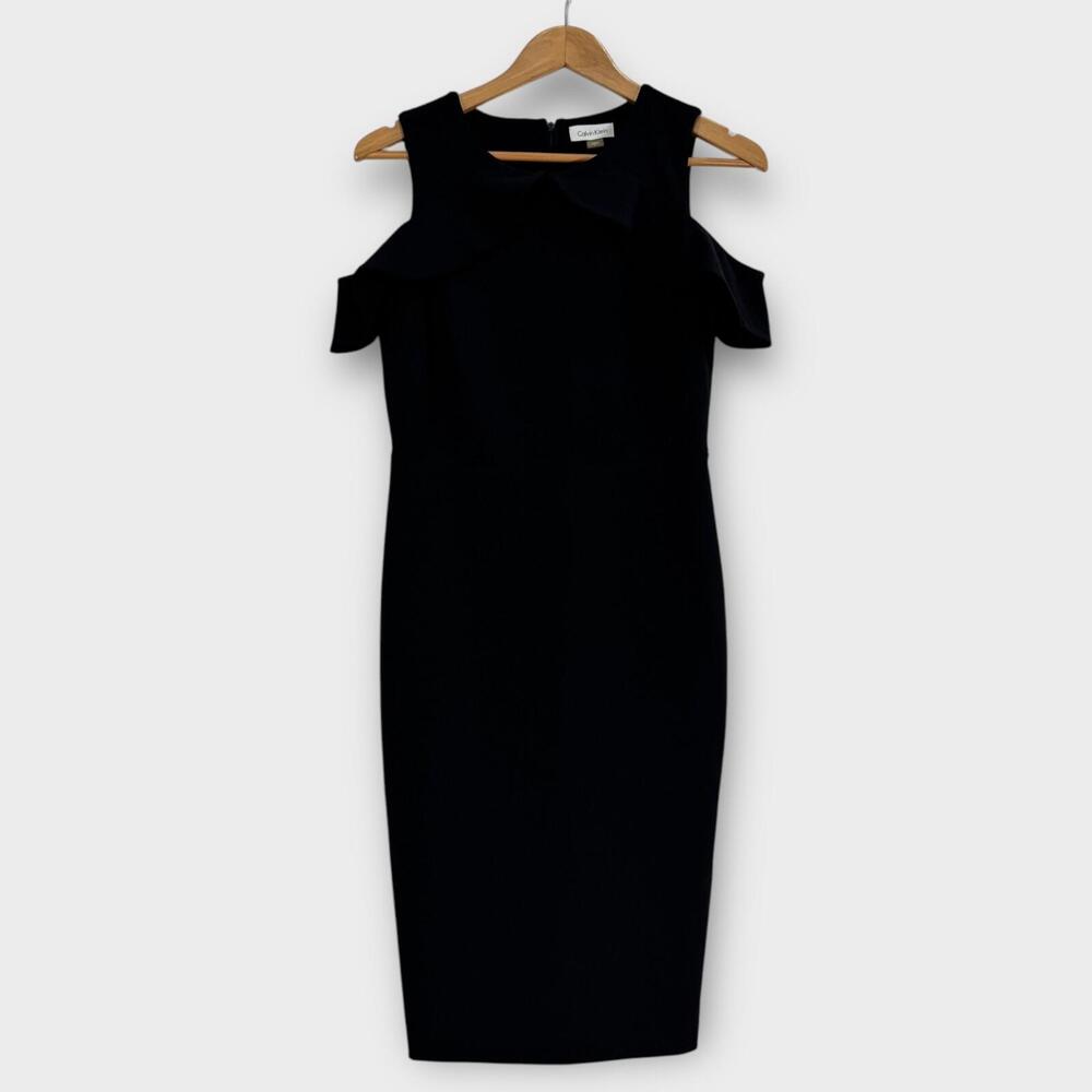Calvin Klein Women’s Size 4 Small Solid Black Ruffle Cold Shoulder Sheath Dress
